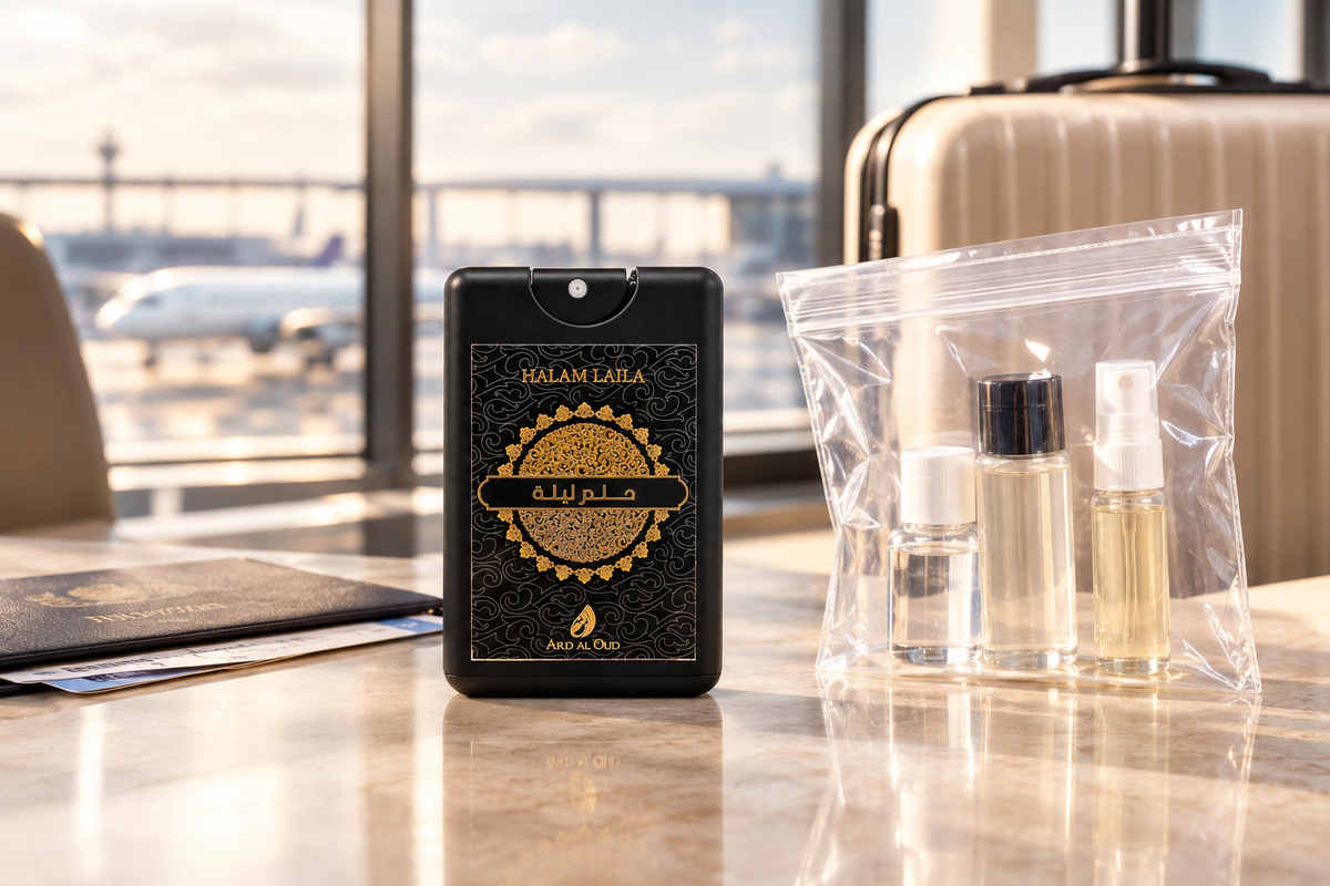 Halam Lail Travel Size Perfume 20ml EDP beside a clear liquids bag for UK air travel