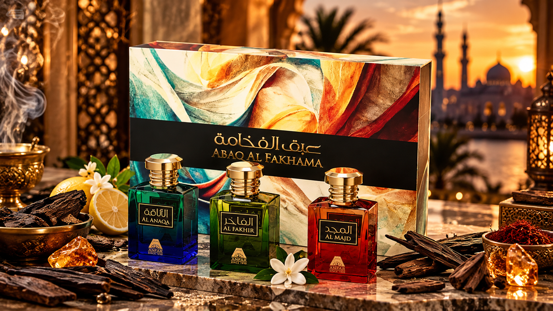 Abaq Al Fakhama luxury gift set by Anfar with three Arabian fragrances