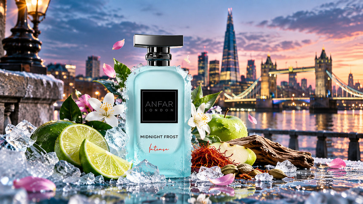 Anfar London Midnight Frost perfume with icy citrus notes in a London setting