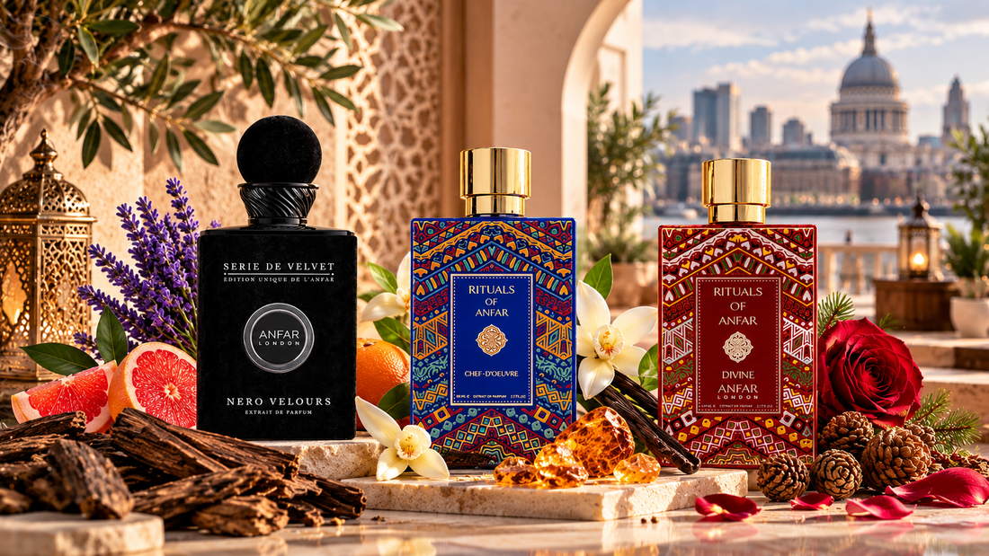 Anfar perfumes Nero Velours, Chef-D'oeuvre and Divine in a luxury London setting