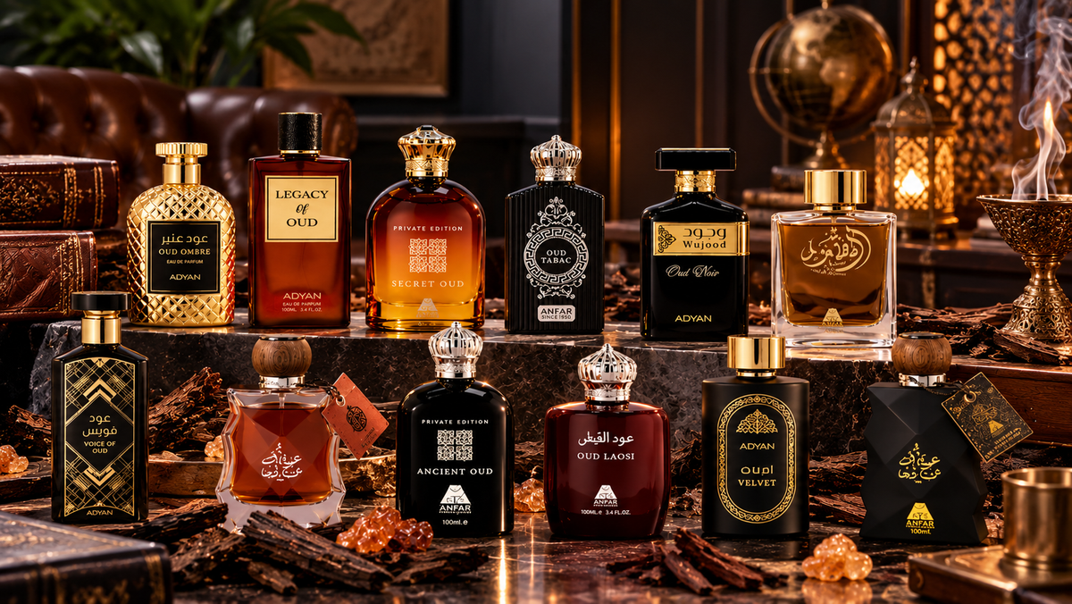 Best oud fragrances for men with oud wood and amber in a luxury masculine setting