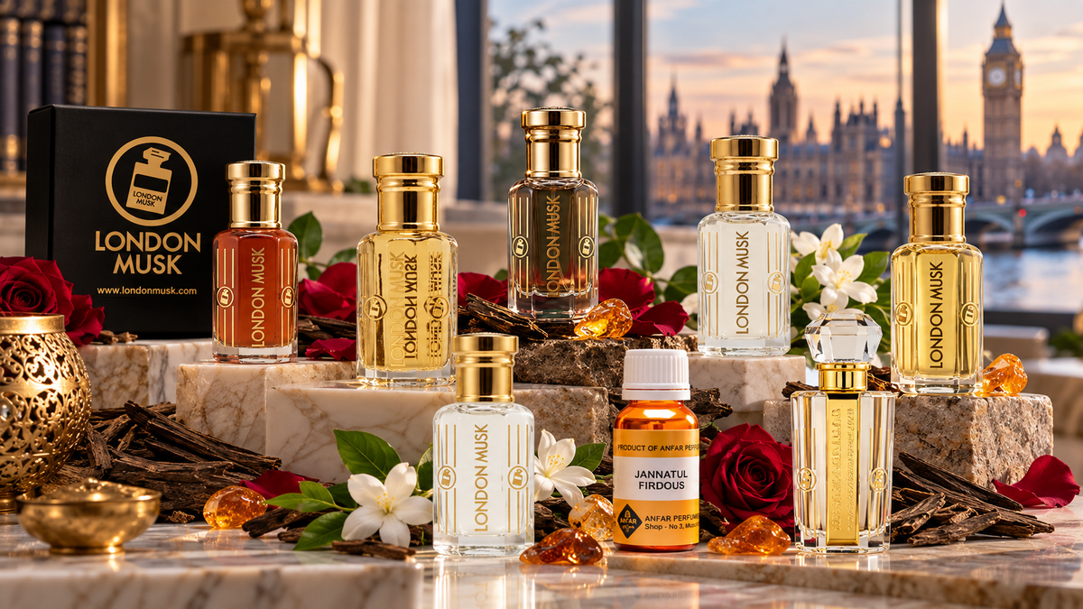London Musk perfume oils and attars with oud, amber and floral notes in a luxury London setting