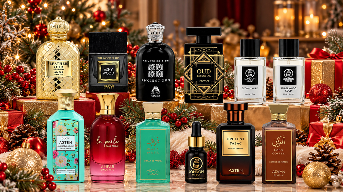 Christmas perfume gifts for him and her 2026 featuring Arabian oud, musk, attar oils and luxury fragrances under £50 from London Musk.