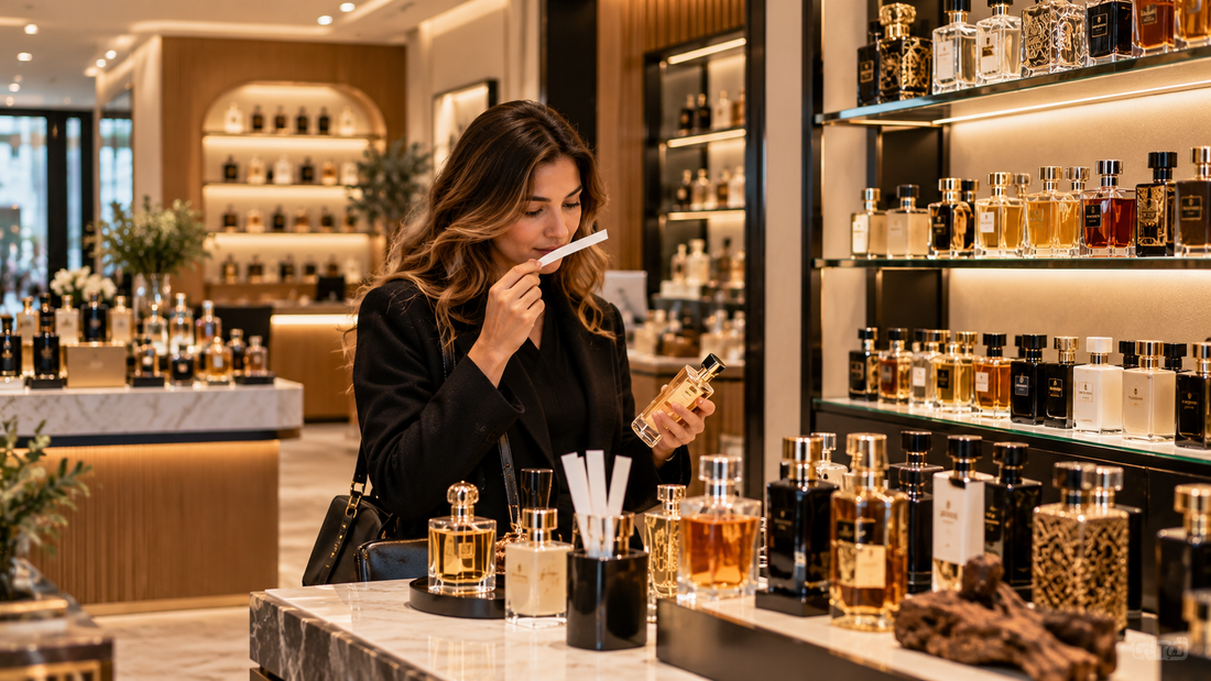 How to choose a perfume shop in the UK – customer testing a fragrance in a luxury perfume boutique with oud, musk and Arabian perfumes