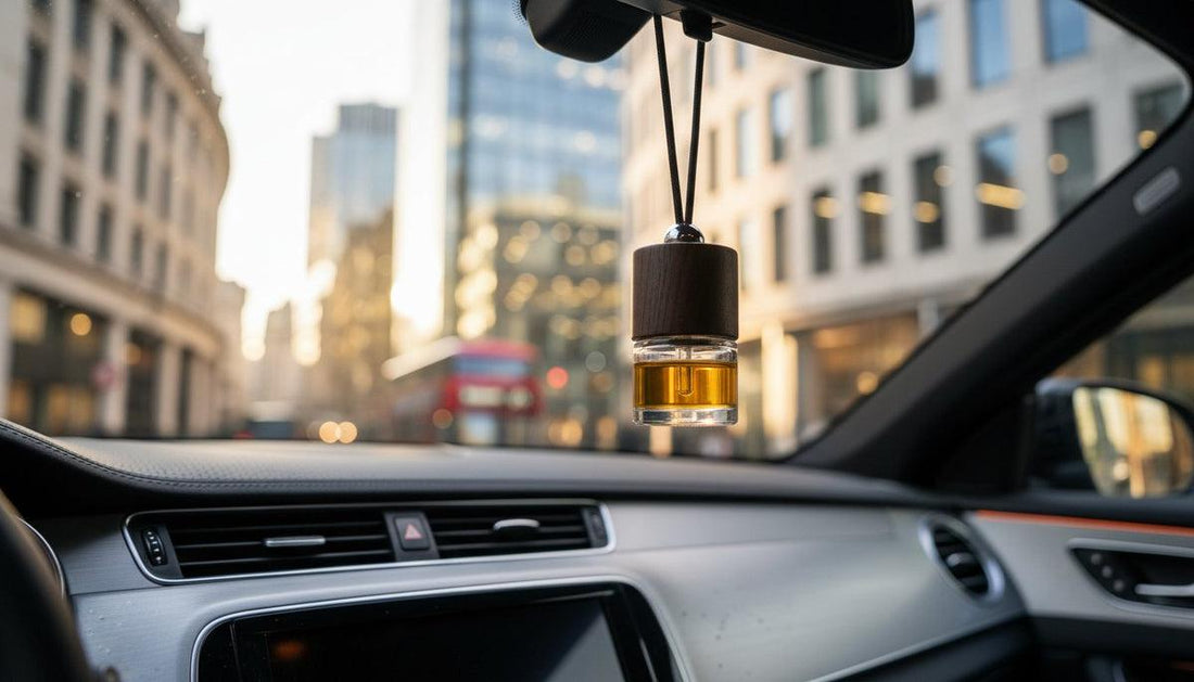 Car perfume diffuser with perfume oil in a luxury car interior