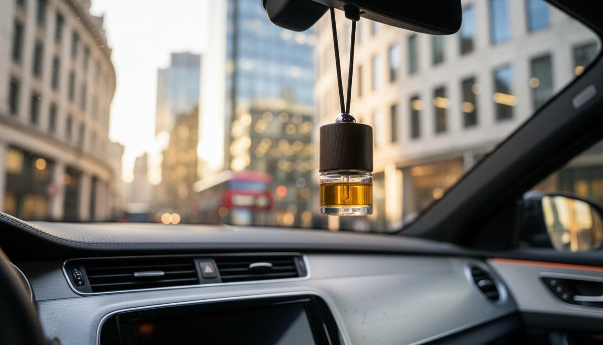 Car perfume diffuser with perfume oil in a luxury car interior
