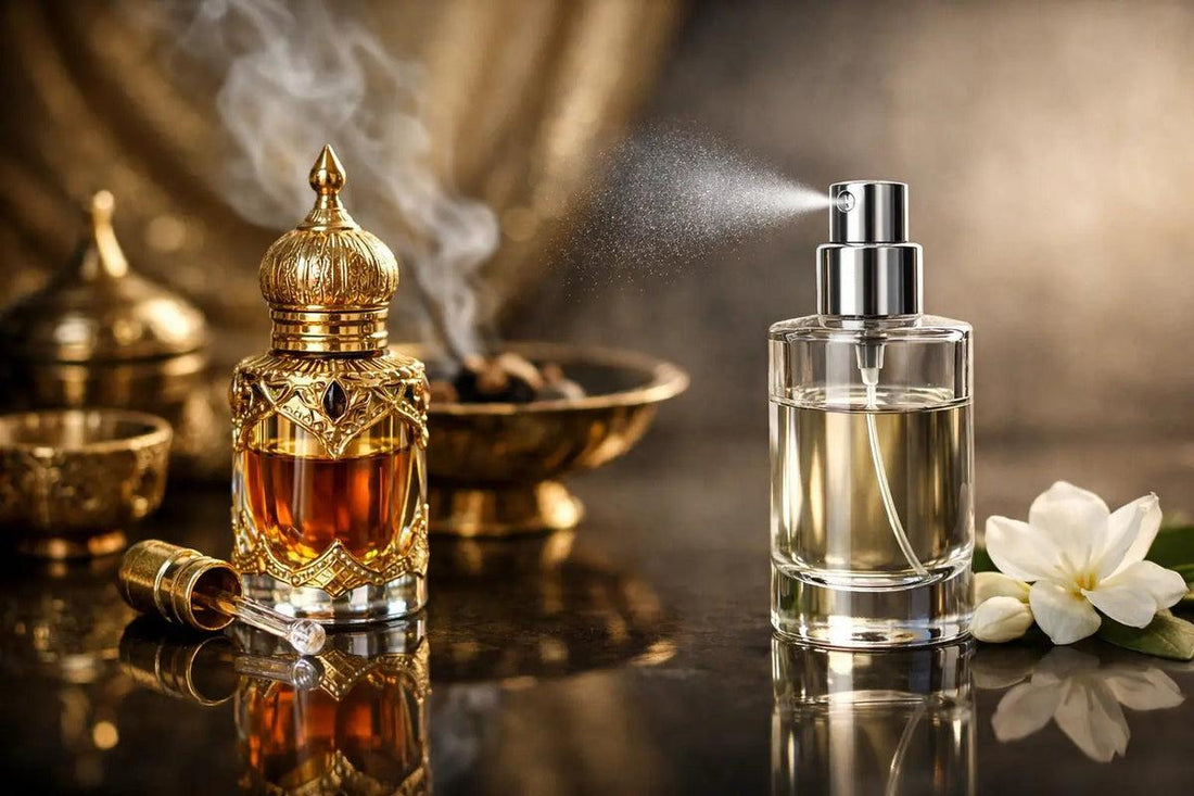 Arabian perfume oil and spray bottles with oud wood for perfume layering