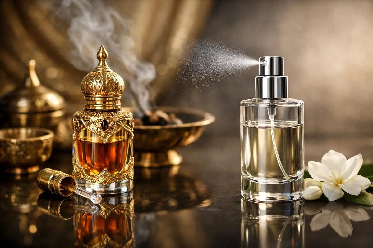 Arabian perfume oil and spray bottles with oud wood for perfume layering