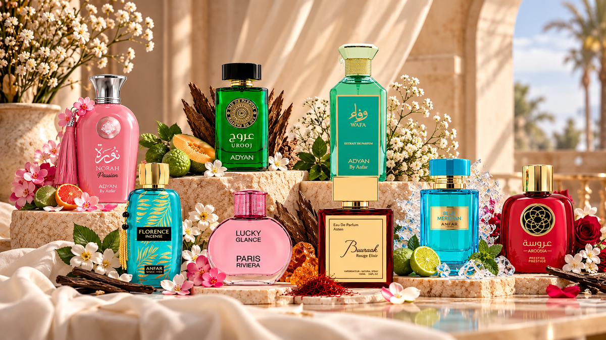 Eight luxury musk perfumes for women from London Musk in an elegant fragrance display