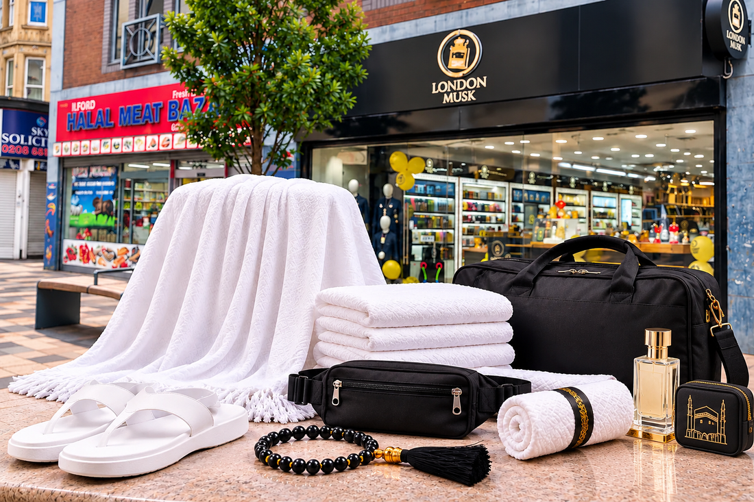 Ihram clothing and Hajj Umrah essentials available at London Musk shop in London