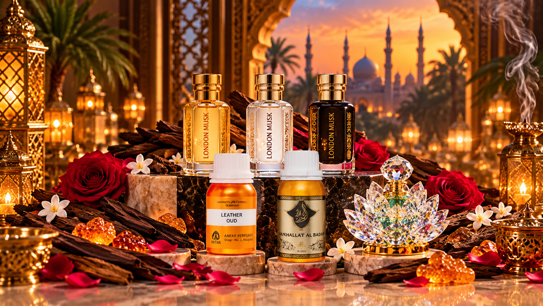 Middle Eastern fragrance oils from London Musk featuring musk, Leather Oud, French perfume oil and traditional attar