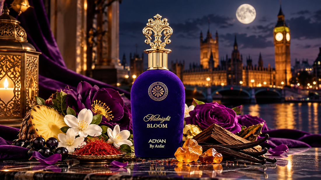 Midnight Bloom perfume with floral, fruity and warm amber notes in a luxury London night setting