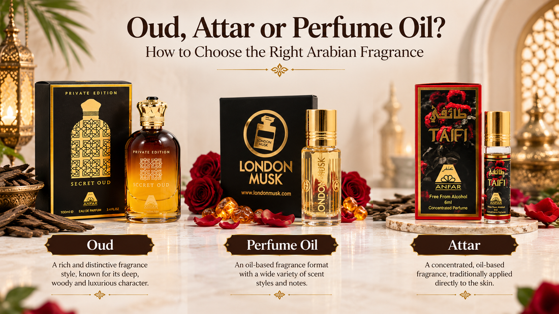Oud, attar and perfume oil comparison featuring Secret Oud EDP, London Musk perfume oil and Taifi concentrated perfume