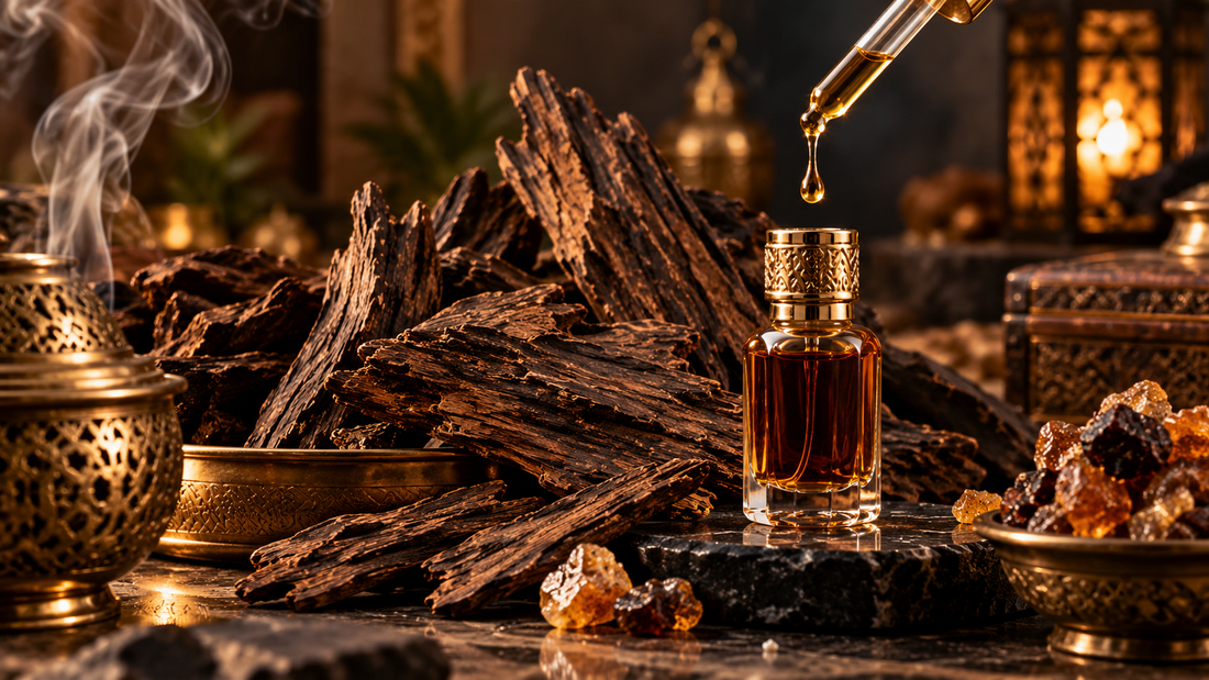 Pure oud fragrance with authentic agarwood and rich oud oil in a luxury setting