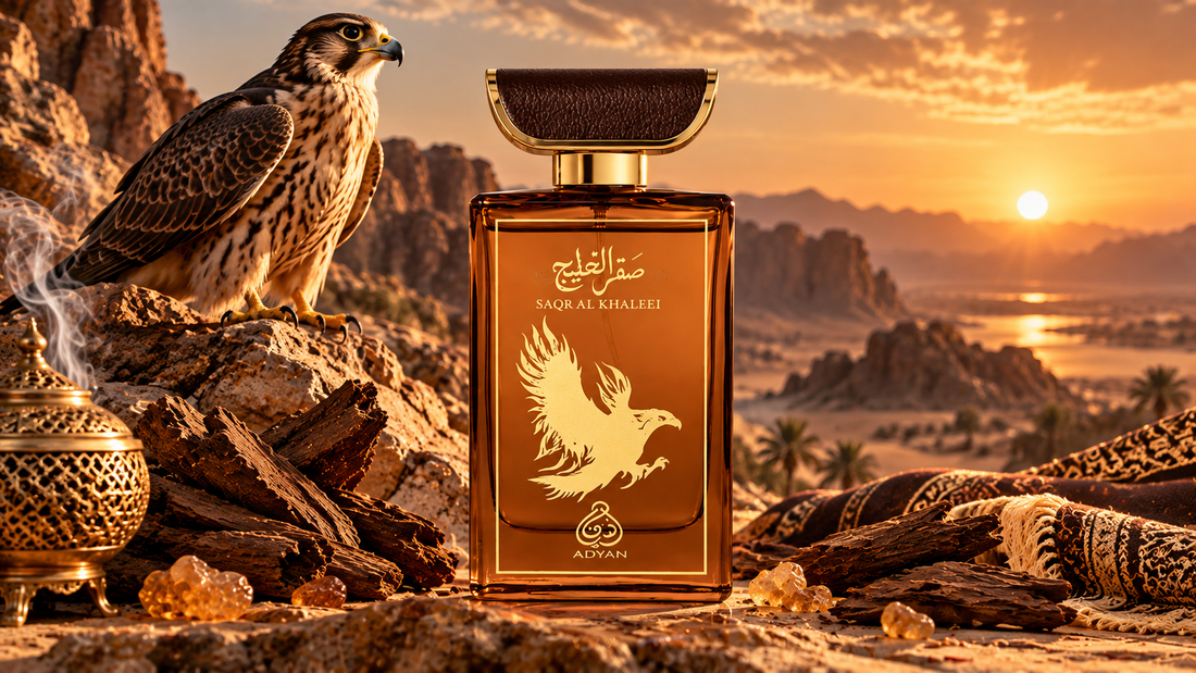 Saqr Al Khaleej oud perfume by Adyan with falcon and Arabian desert setting