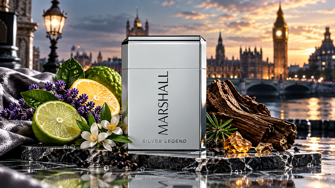 Silver Legend perfume with fresh citrus, aromatic and woody notes in a luxury London setting