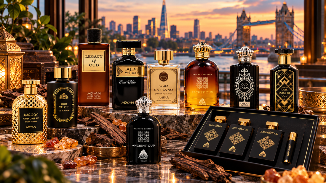 Top 10 oud perfumes for men with premium oud fragrances in a luxury London setting