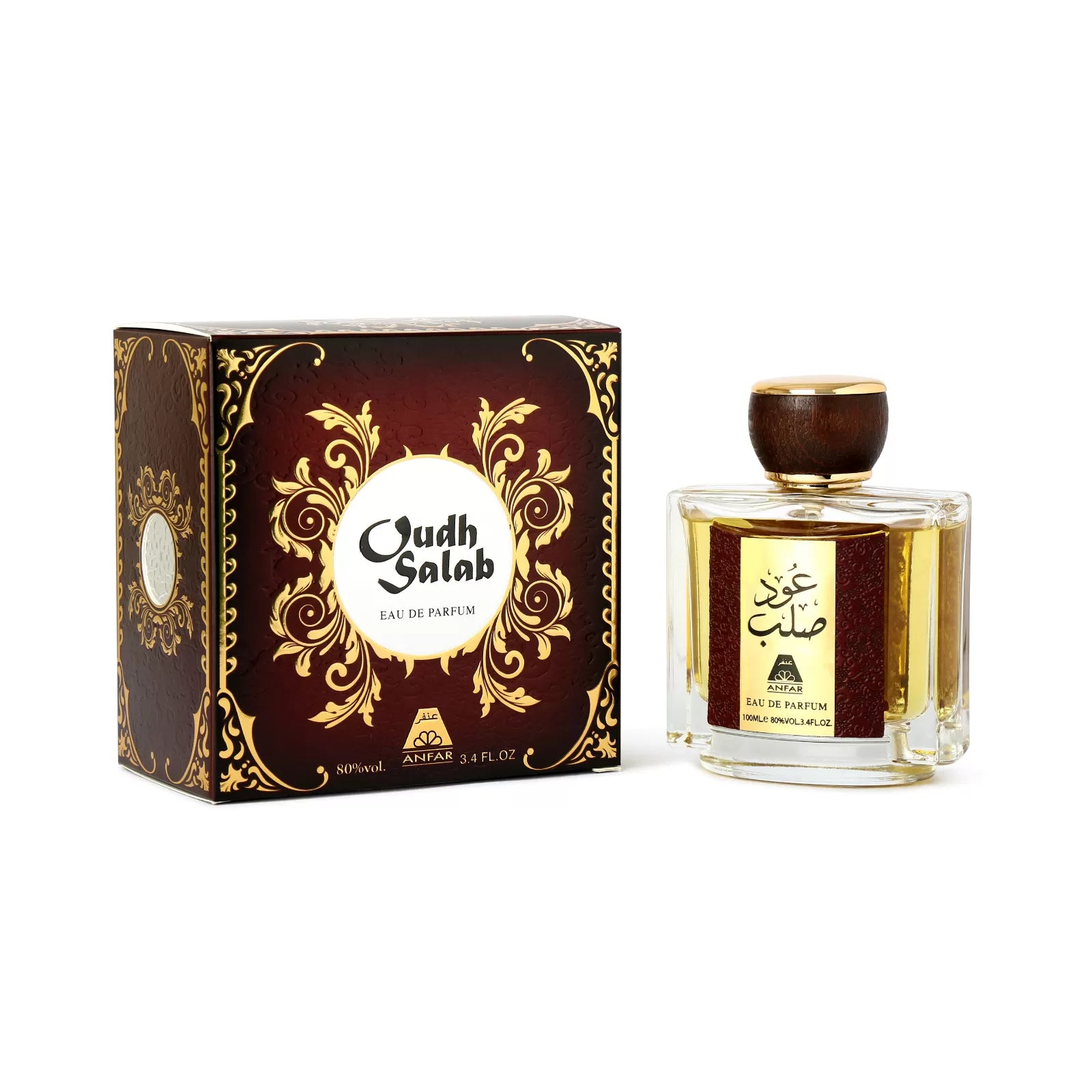 Oudh Salab by Anfar 100ml Eau de Parfum with clear architectural glass, golden-amber liquid, deep mahogany label panel, polished gold centre label and dark walnut cap, paired with a mahogany-and-gold presentation box