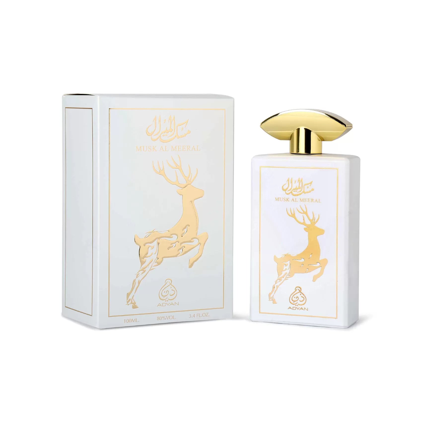 Musk Al Meeral by Adyan 100ml Eau de Parfum with a pearl-white bottle and matching box, polished sculptural gold cap, metallic-gold deer artwork, fine gold borders and soft silver-grey edges