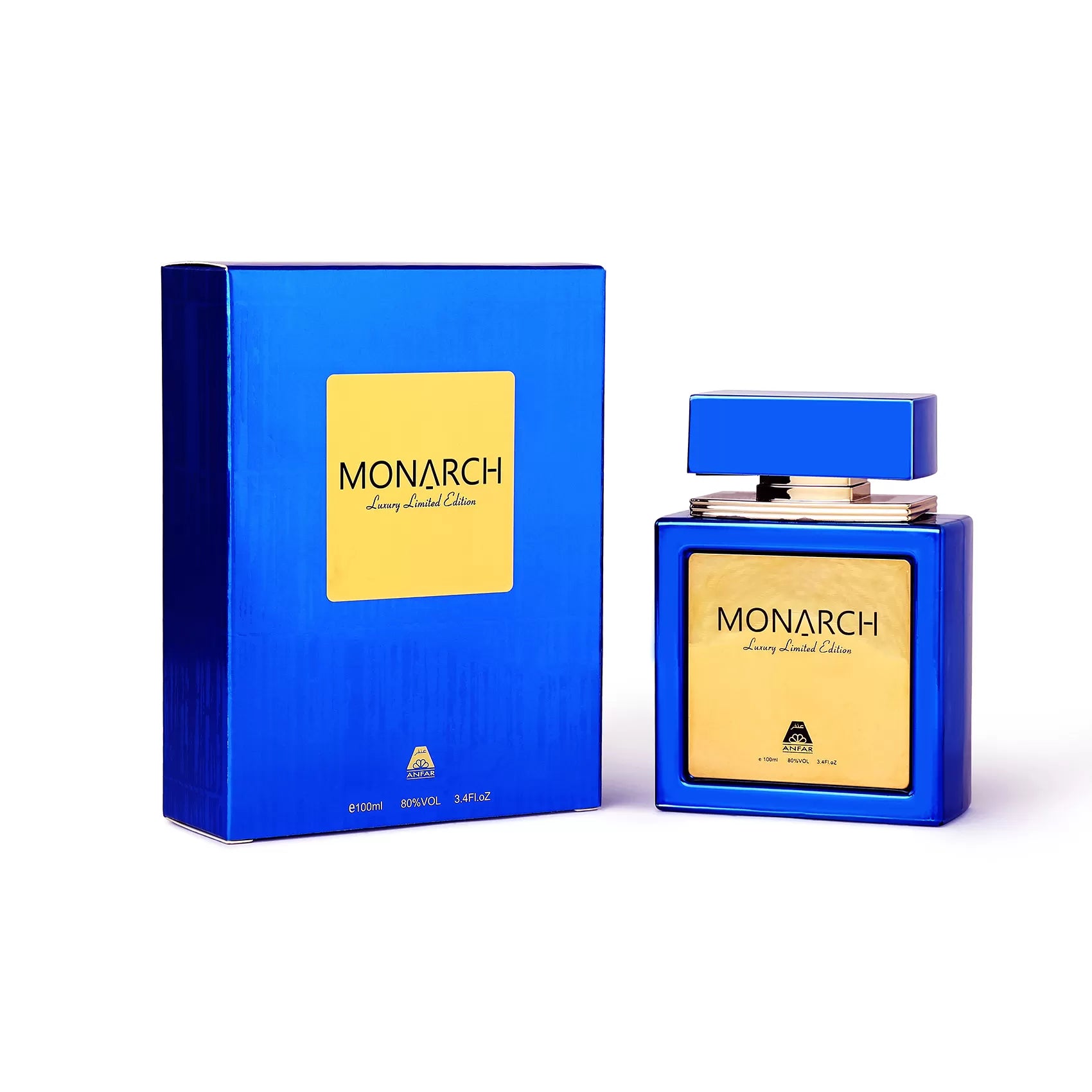 Monarch by Oudh Al Anfar 100ml Eau de Parfum with an electric cobalt-blue bottle and box, metallic-gold centre panel, gold trim and blue rectangular cap