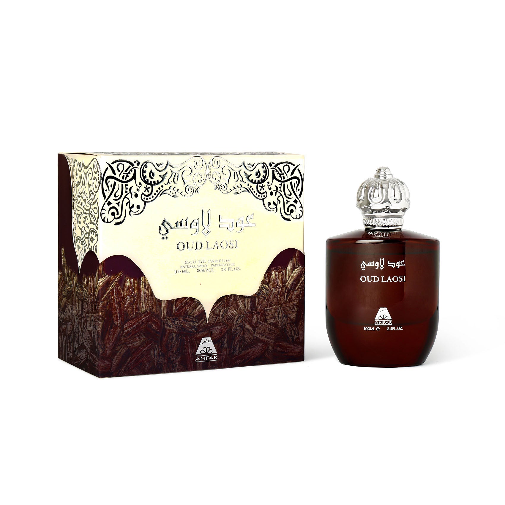 Oudh Laosi by Oudh Al Anfar 100ml Eau de Parfum with a deep oxblood-mahogany bottle, sculpted mirror-silver cap and white lettering, paired with a warm ivory presentation box featuring black ornament and dark agarwood texture