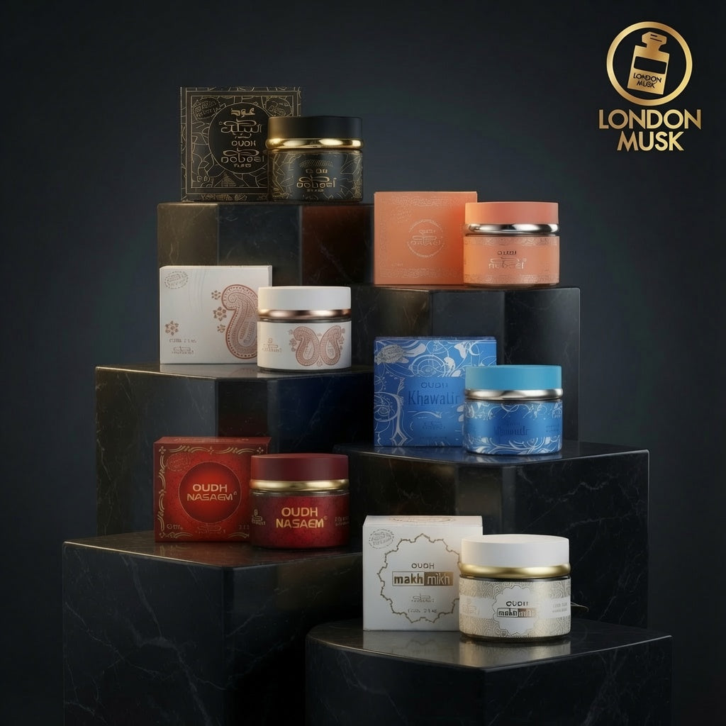 A collection of London Musk fragrance products, including Oudh Naseem, Oudh Makh Mikh, and various AL Nabeel Bakhoor Incense collection, arranged on a dark marble pedestal display. The products feature elegant packaging in black, gold, white, orange, red, and blue, with the London Musk brand logo visible in the top right corner.