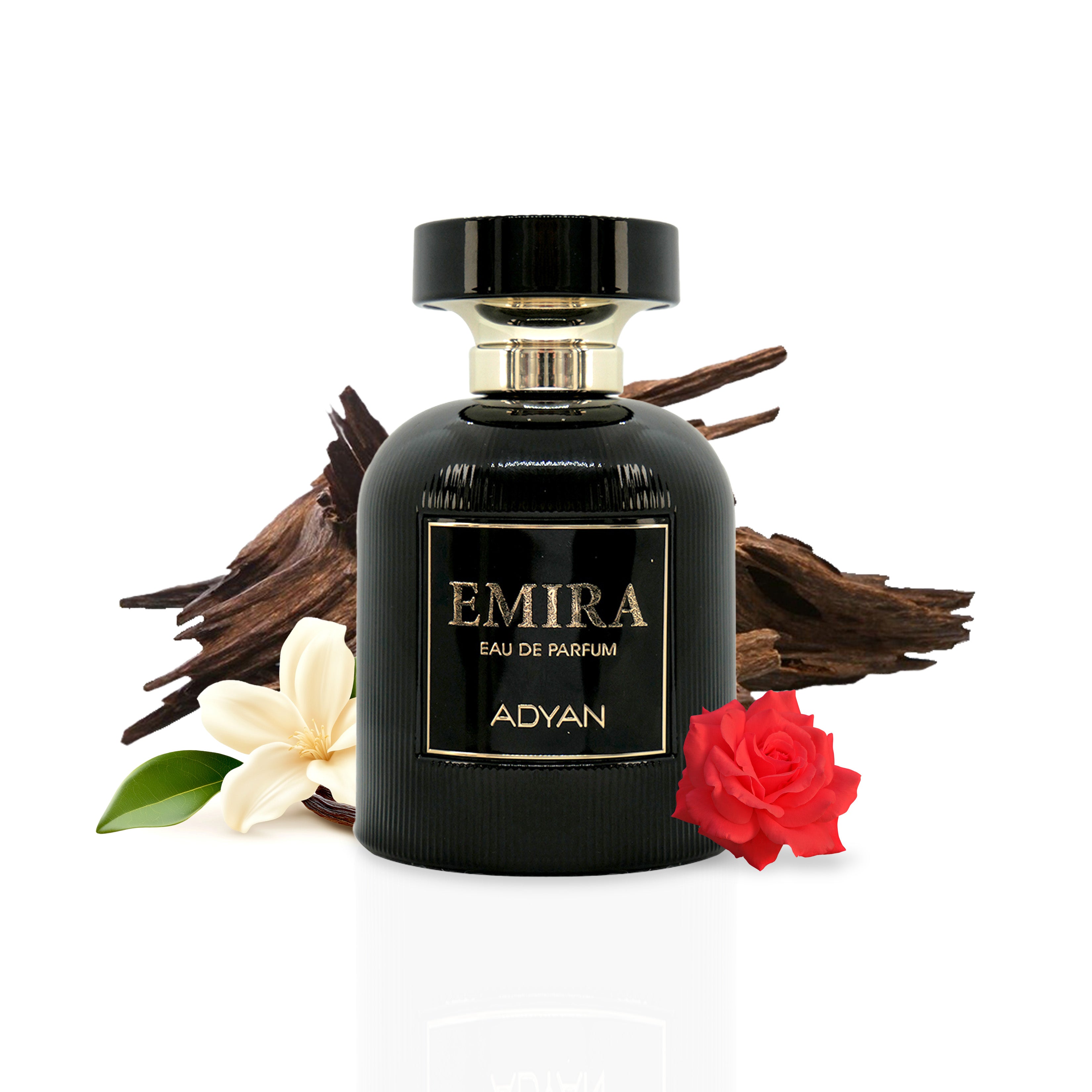 Emira by Adyan 100ml Eau de Parfum with black bottle, gold detailing, rose, white flower and dark woods
