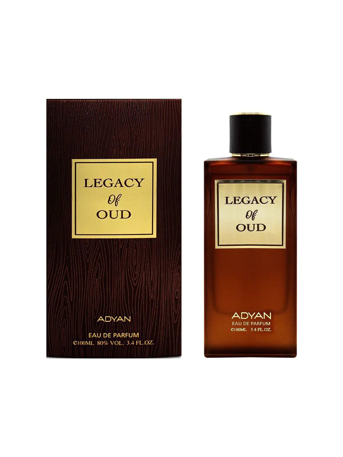 Legacy of Oud by Adyan 100ml Eau de Parfum with a rich cognac-amber rectangular bottle, matte black cap, antique-gold label and collar, paired with a deep espresso wood-grain presentation box