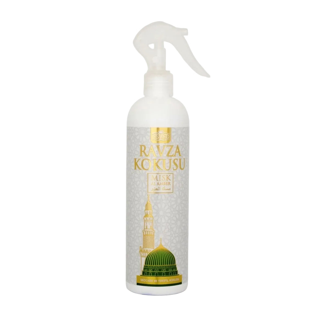 Misk al amber fabric and room freshner  white plastic spray bottle of Ravza Kokusu Alkhalife perfume, featuring a silver patterned label with gold lettering and an illustration of the Green Dome of the Medina.