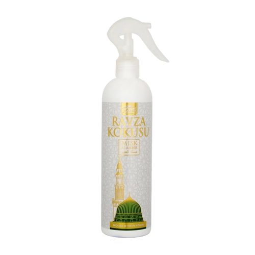 Misk al amber fabric and room freshner  white plastic spray bottle of Ravza Kokusu Alkhalife perfume, featuring a silver patterned label with gold lettering and an illustration of the Green Dome of the Medina.