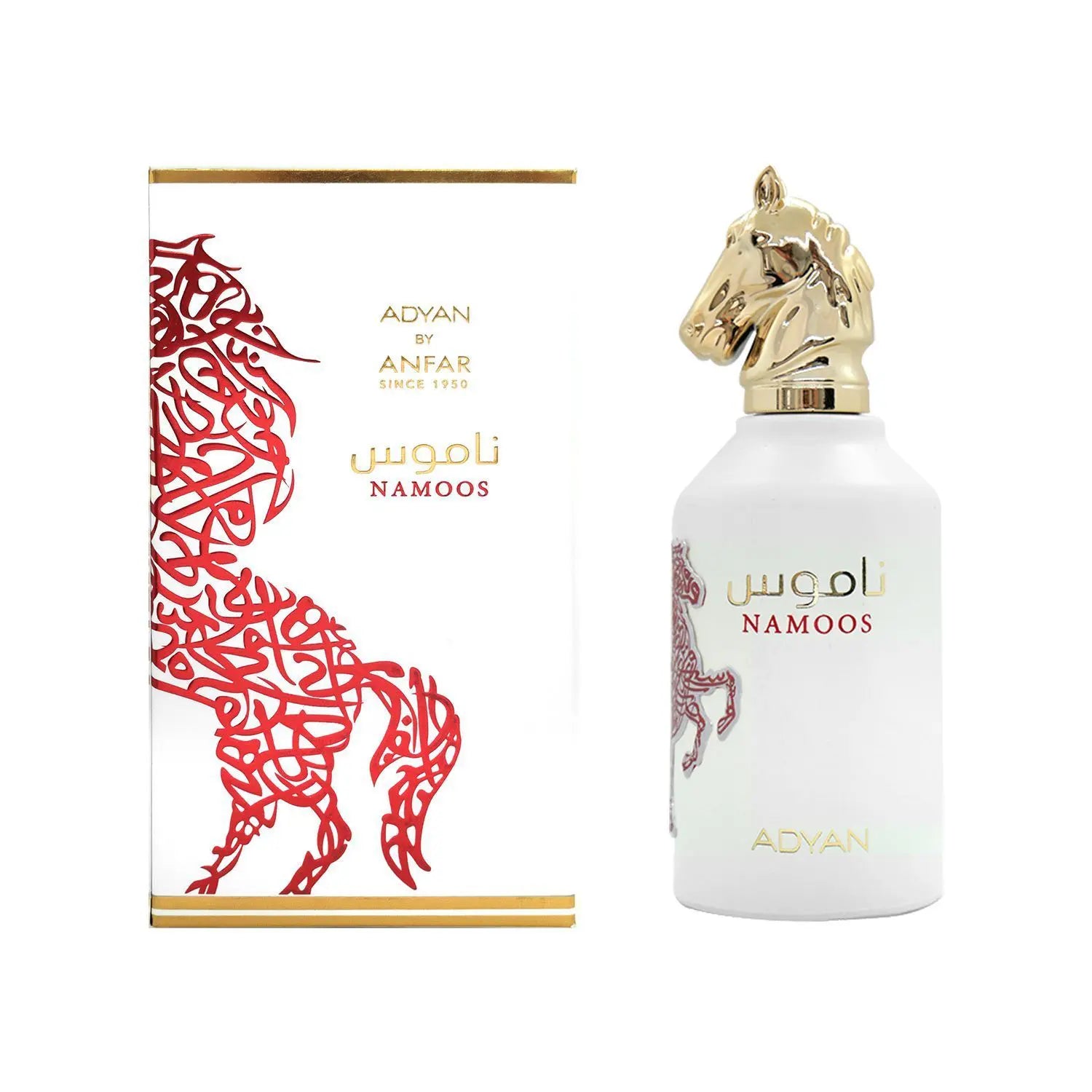 Namoos by Adyan 100ml Eau de Parfum with a porcelain-white bottle and matching presentation box, calligraphic crimson horse artwork, polished gold lettering, fine gold trim and a sculptural gold horse-head cap