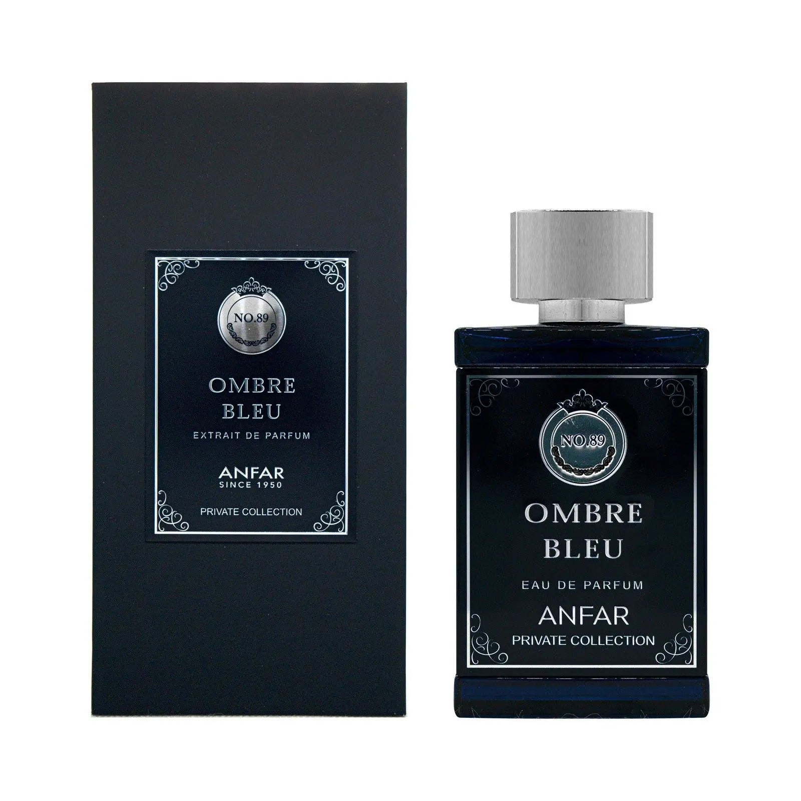 Ombre Bleu by Anfar London 100ml fragrance with a midnight navy-black rectangular bottle, brushed silver cap and silver ornamental label, paired with a coordinated near-black presentation box
