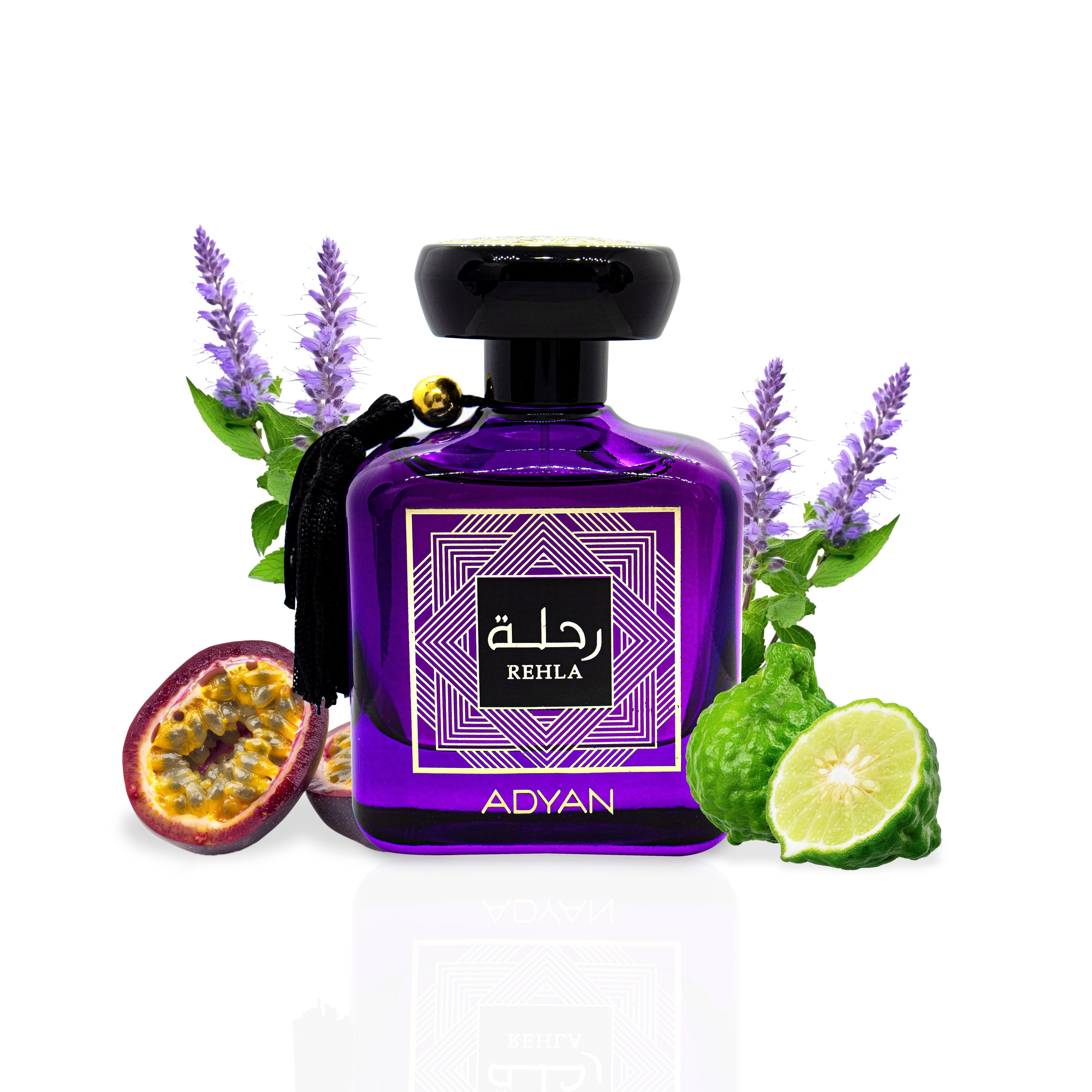 Rehla by Adyan 100ml Eau de Parfum in ultraviolet-purple glass with a glossy black cap, black tassel, pale-gold geometric label, passion fruit, citrus and purple floral styling