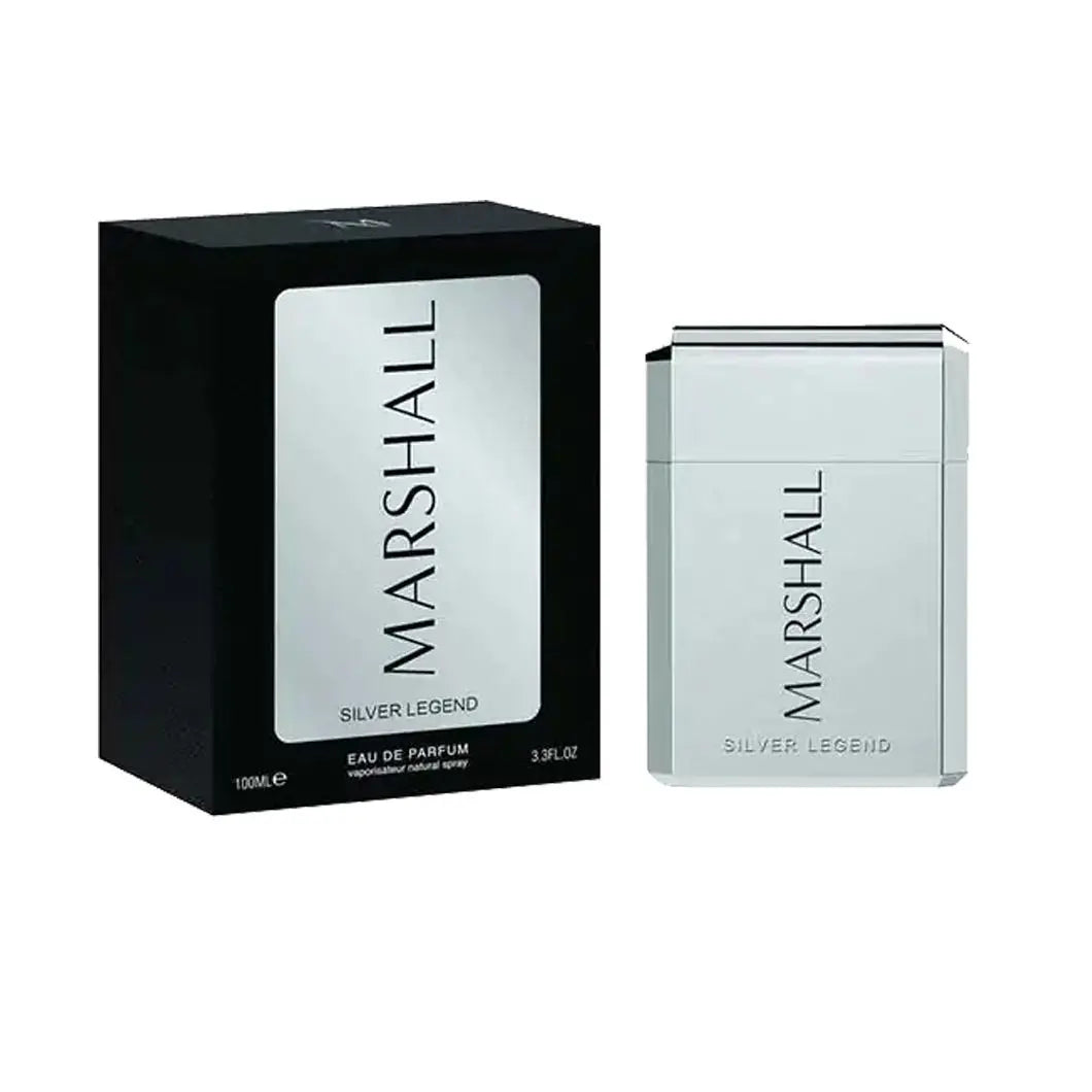 Silver Legend by Marshall 100ml Eau de Parfum in silver bottle with black presentation box