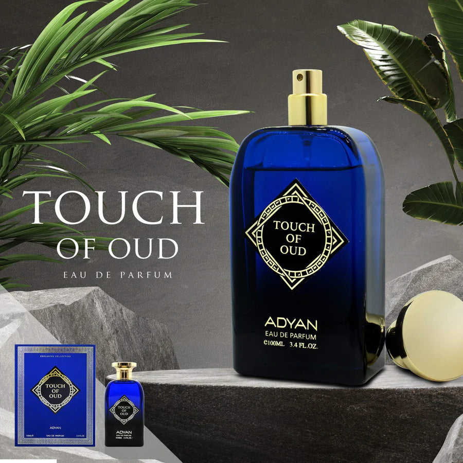 Touch of Oud by Adyan 100ml Eau de Parfum in saturated cobalt-blue glass fading into midnight navy and near black, with a polished champagne-gold atomiser, black-and-gold geometric medallion label and coordinated blue presentation box