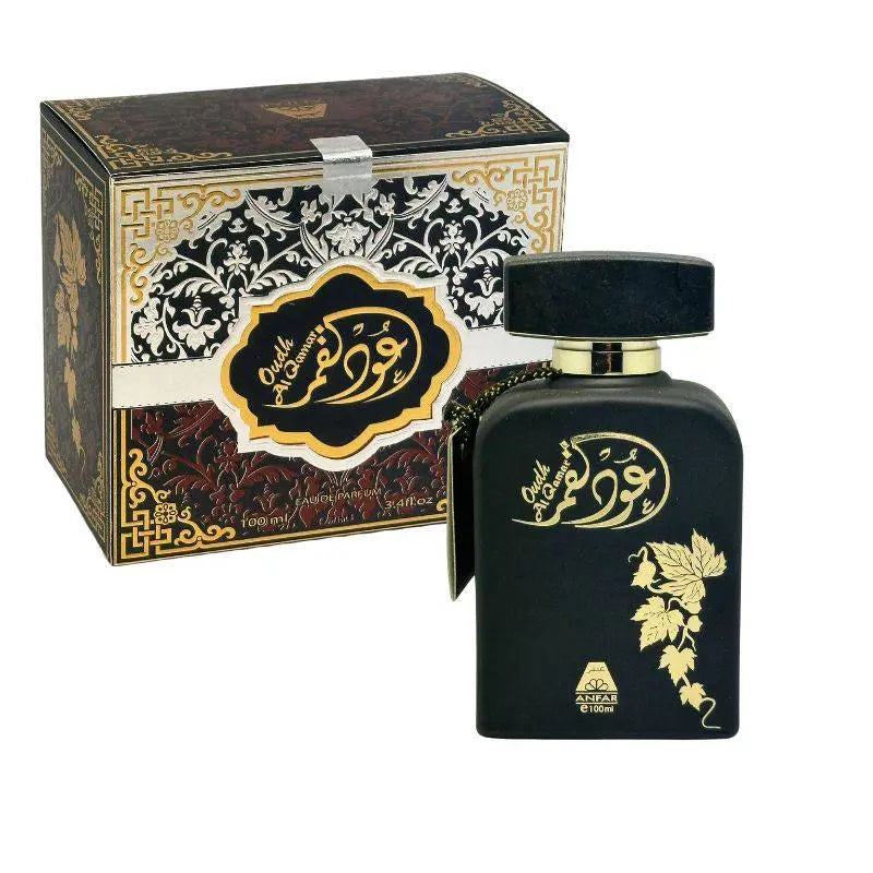 Oudh Al Qamar Black by Oudh Al Anfar 100ml Eau de Parfum with a matte obsidian-black bottle, antique-gold Arabic lettering and botanical ornament, black sculpted cap, gold collar and a coordinated black, silver, gold and burgundy presentation box