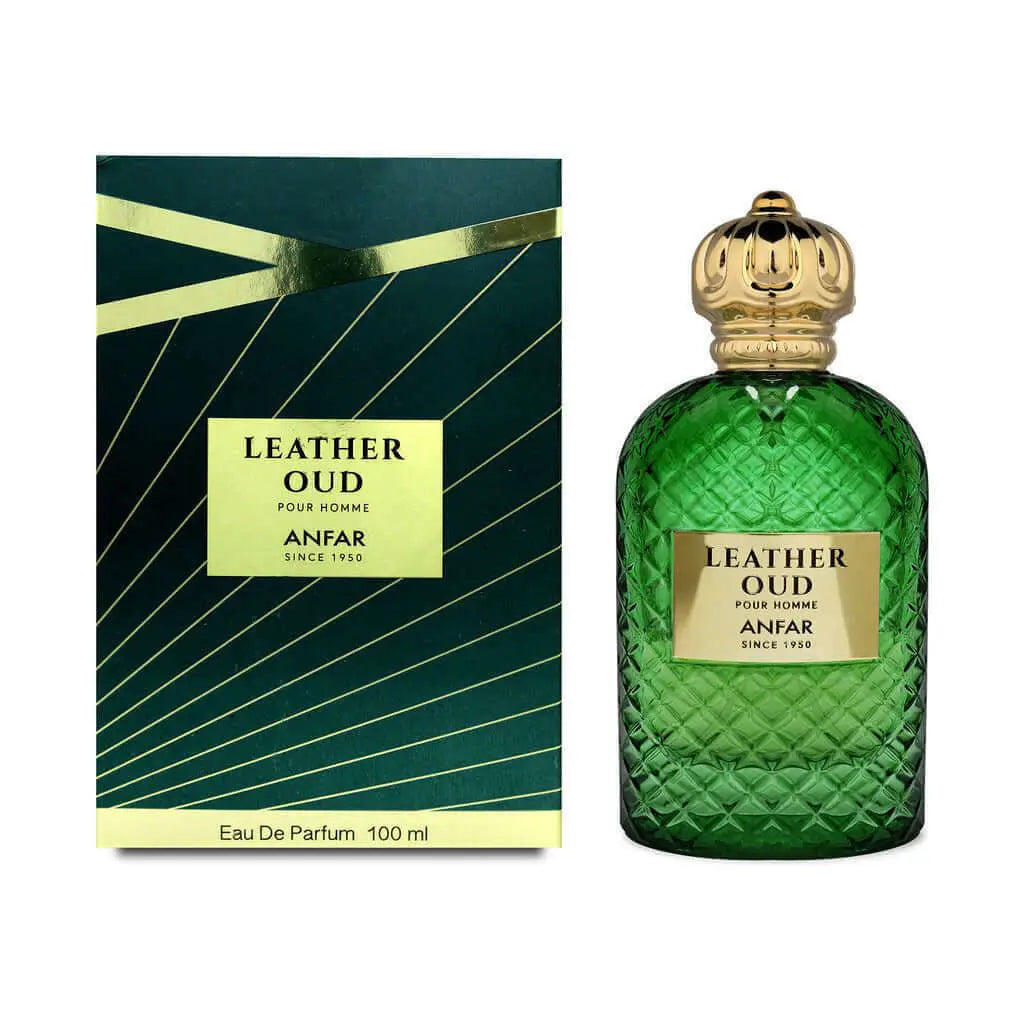 Leather Oud by Oud Al Anfar 100ml Eau de Parfum in a vivid emerald-green textured bottle with polished gold crown cap and label, paired with a deep forest-green box with gold line detailing