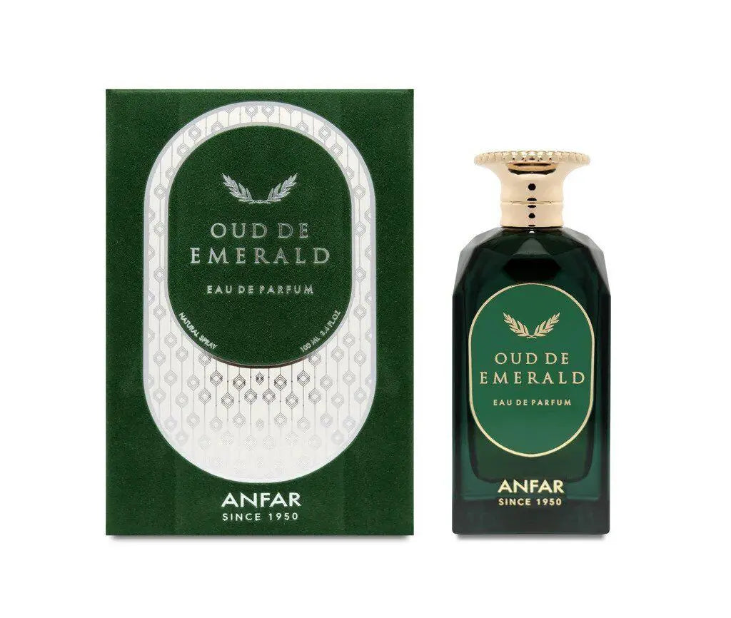 Oud De Emerald by Anfar 100ml Eau de Parfum with a faceted deep forest-emerald bottle, polished champagne-gold cap and oval emerald label, paired with a dark green presentation box featuring silver-white geometric detailing