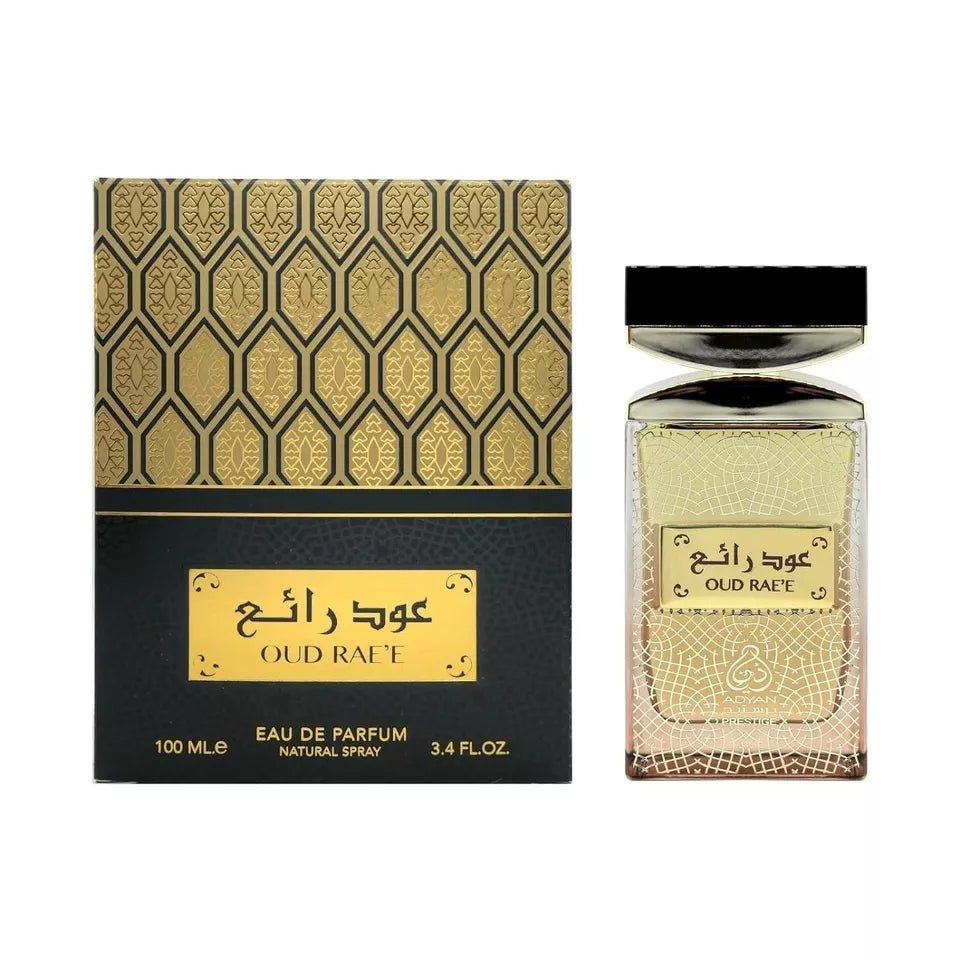 Oudh Rae'e by Adyan Prestige 100ml Eau de Parfum in clear champagne-tinted glass with black cap, mirrored chrome collar, brass-gold label and olive-bronze box