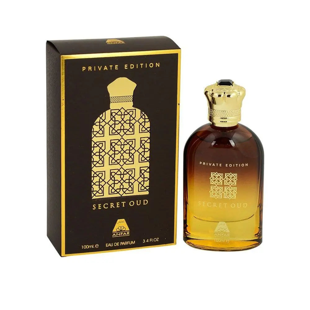 Secret Oud Private Edition by Oudh Al Anfar 100ml Eau de Parfum with deep mahogany-to-amber gradient glass, polished champagne-gold crown cap, gold typography and matching espresso-black box with gold trim