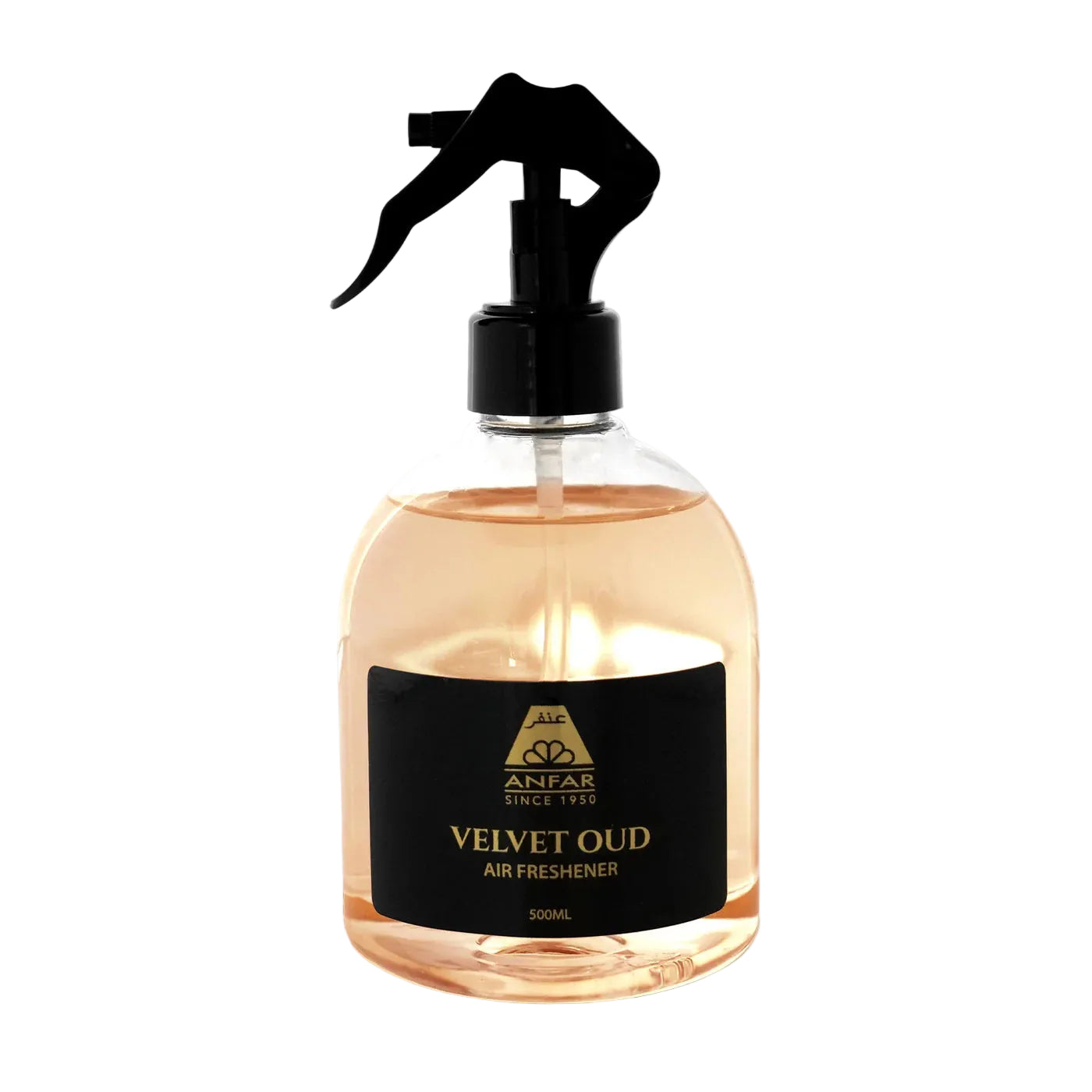 A 500ml clear spray bottle of Anar Breeze Velvet Oud Air Freshener, filled with a light amber liquid and topped with a black trigger sprayer and black label.